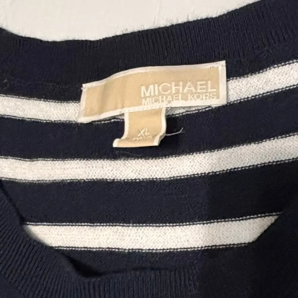 Michael Kors Navy White Stripe Sleeveless Knit Top XL Gold Button Shoulder